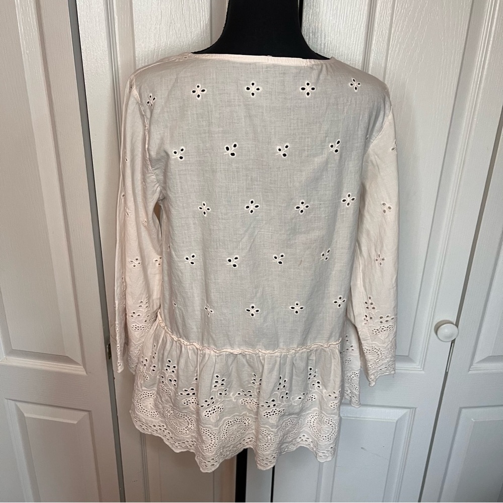 Valentina Naldi Italy Ivory Blush Eyelet Blouse Sz S Peplum Top Cottagecore Boho - Picture 7 of 9
